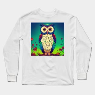 Colorful Owl on Branch Portrait Illustration - Bright Vibrant Colors Bohemian Style Feathers Psychedelic Bird Animal Rainbow Colored Art Long Sleeve T-Shirt